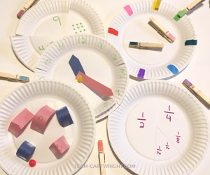 5 easy and fun learning activities for preschoolers and toddlers using paper plates! Practice counting, number sense, fractions, colors, focus, and perseverance. Oh, and learn how to tell time! #learning #activities #preschool #toddler #easy #games #numbers #counting #fractions #DIY #crafts Team-Cartwright.com
