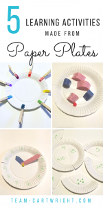 You don't need fancy toys to help your children learn. Here are 5 fun and easy learning activities using paper plates! Work on colors, counting, number sense, fractions, telling time, and more! #learning #activities #preschooler #toddler #math #counting #colors #number #sense #tell #time #crafts Team-Cartwright.com