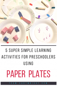 5 super simple learning activities for preschoolers using paper plates! Work on colors, counting, number sense, math, telling time, and more with these simple and fun games. #learning #activity #simple #easy #games #crafts #preschool #toddler #math #counting #colors #numbers #time Team-Cartwright.com