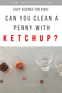 Can you clean pennies with ketchup? Find out with this simple science activity for preschoolers and kids. Learn fun kitchen chemistry and explore with this STEM project. #STEM #science #activity #project #experiment #kids #preschoolers #homeschool #learning Team-Cartwright.com