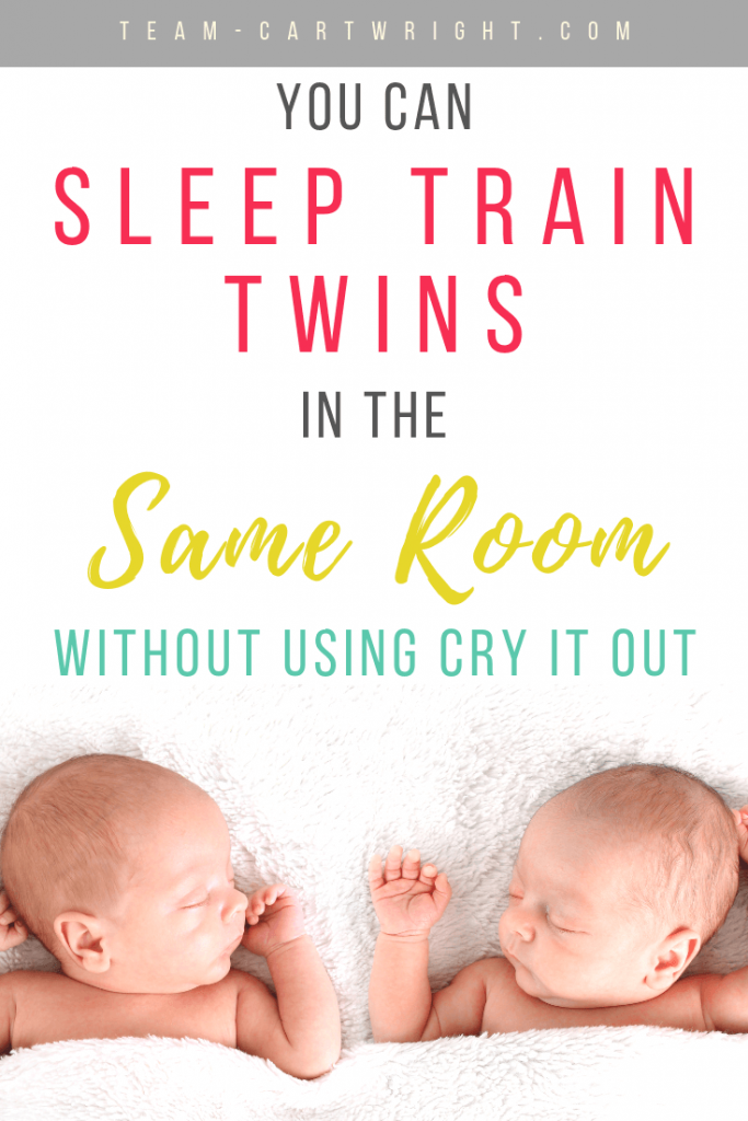 Twin babies sleeping with text overlay how to sleep train twins in the same room without using cry it out.