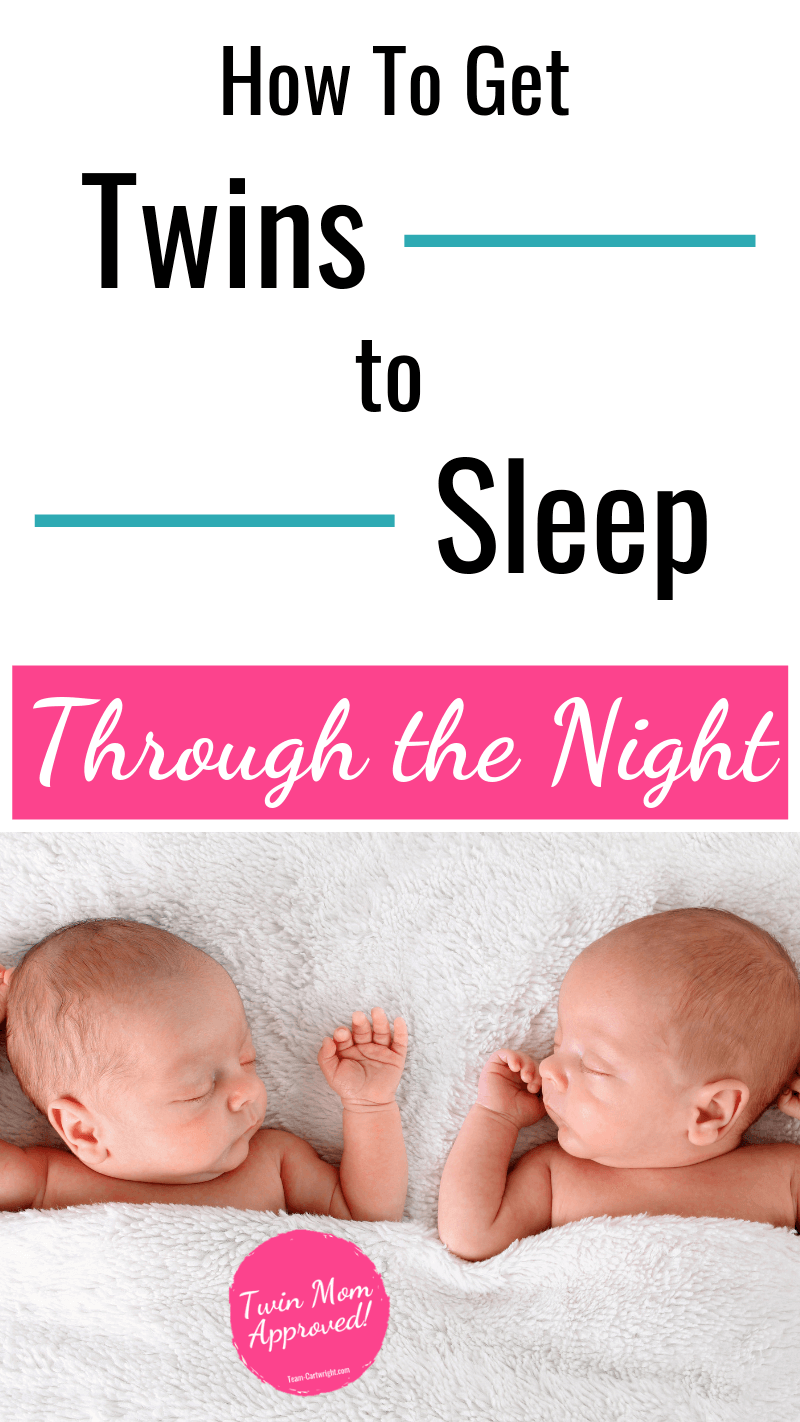 picture of twins sleeping with text: How To Get Twins to Sleep Through the Night