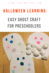 Create a fun and easy ghost and learn at the same time! Halloween learning activities for preschoolers and toddlers. Work numbers, letters, shapes, and more! Low prep and lots of learning. #learning #craft #activity #numbers #letters #shapes #preschooler #toddler #kids #educational #Halloween #ghost Team-Cartwright.com