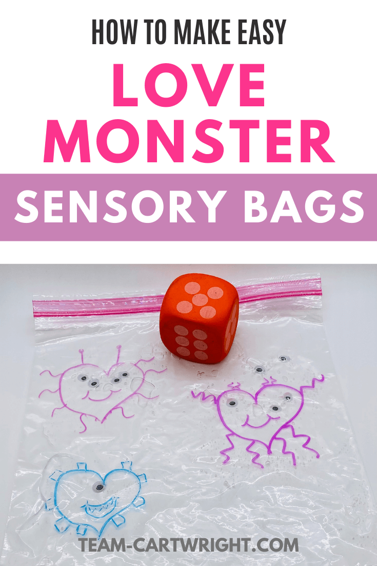 text: How to make easy Love Monster sensory bags Picture: sensory bag with heart monsters, googly eyes, and a red dice