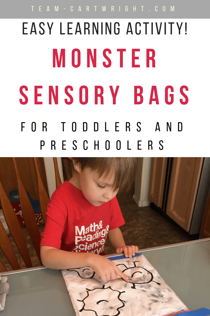 Monster sensory bags for toddlers and preschoolers! Make an easy and fun sensory learning experience for your children. #sensoryactivity #sensorybag #learningactivity #toddler #preschool #learning #game Team-Cartwright.com