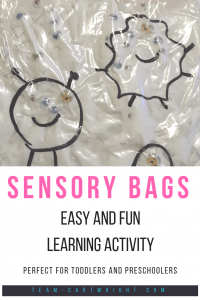 Sensory bags! Make an easy and fun learning activity to keep your toddlers entertained while you make dinner. Work fine motor skills and more! #sensorybags #sensoryactivity #learninggame #learningactivity #toddler #finemotorskills #preschooler Team-Cartwright.com