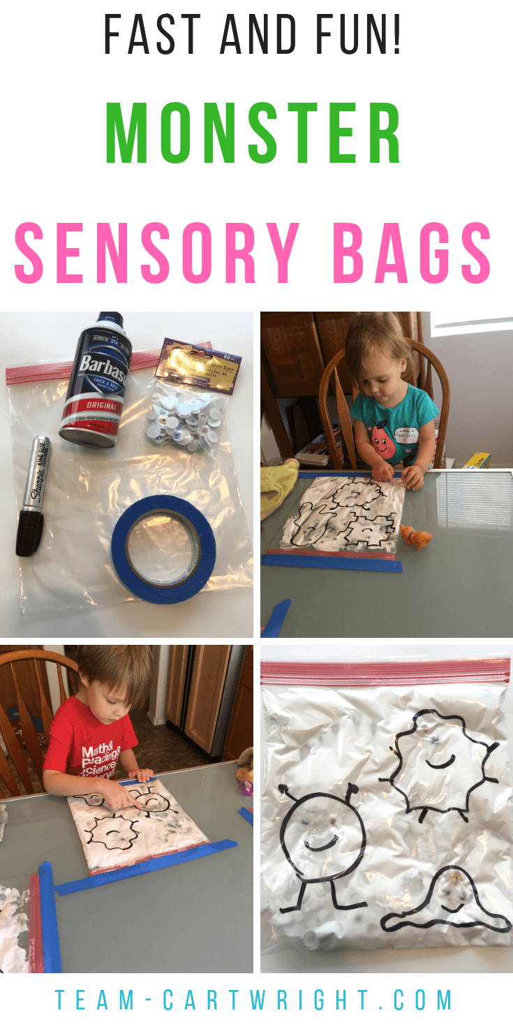 Fast and Fun Sensory Learning Activity! Make monster sensory bags to entertain your toddler and preschoolers while they learn and work on fine motor skills. #sensoryactivity #sensorybag #learningactivity #finemotorskills #toddler #preschooler Team-Cartwright.com