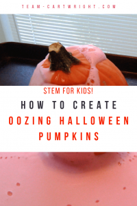 Pumpkin with red foam oozing out with text overlay stating STEM for kids! How to create oozing Halloween pumpkins
