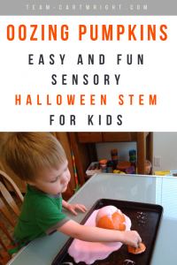 Preschool boy playing with red foam from a pumpkin with text overlay 'Easy and fun sensory Halloween STEM for kids'