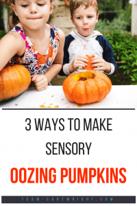 young children carving pumpkins with text overlay '3 ways to make sensory oozing pumpkins'