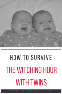 How to survive the witching hour with twins. Learn why your twins cry in the evening and how to handle it. #twins #crying #newborn #baby #witching #hour #soothe #babywise Team-Cartwright.com