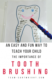 An easy and fun way to teach your preschooler the importance of brushing their teeth. Learn fun ways to help your child overcome any fears and get those teeth clean! #oralhygiene #dentalactivities #learningactivity #toddler #preschool #toothbrushing #brushteeth Team-Cartwright.com