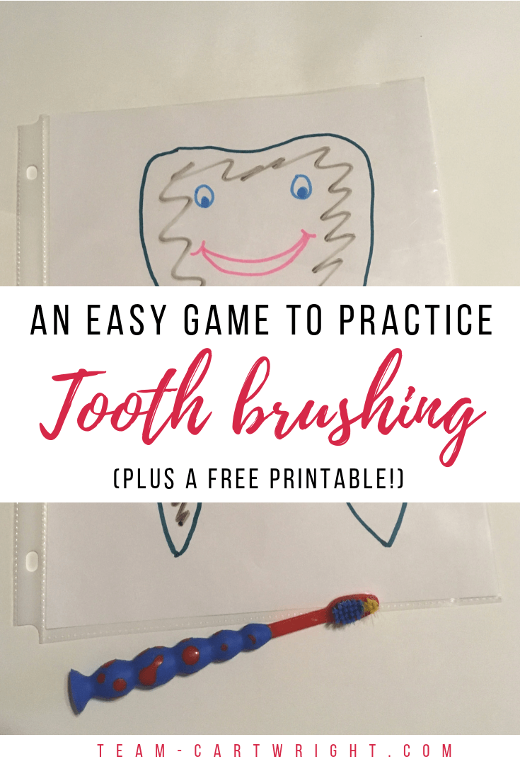 Want an easy and fun way to work on tooth brushing with your kids? Grab this free printable and play this game at home!  Practice brushing your teeth without a battle and learn about oral hygiene!  #ToothBrushing #ToddlerTeeth #BrushingTeeth #FreePrintable #OralHygiene #ToddlerToothBrushing Team-Cartwright.com