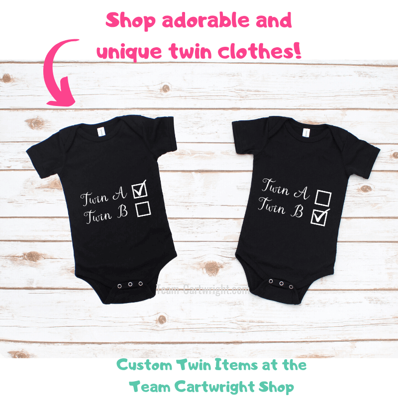 Shop adorable and unique twin clothes at the Team Cartwright Shop with picture of two twin onesies Twin A and Twin B Checkbox