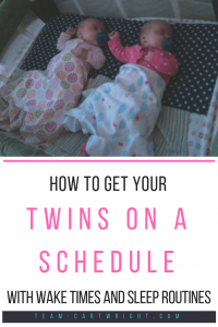 How do you get your twins on a schedule? The second step is to wake them up then help them sleep. Here is what you need to know about twin wake times and sleep routines. #twinschedule #twinroutine #babywise #babywiseschedule #waketimes #sleeproutines #twinsleep #twins #newborntwins Team-Cartwright.com