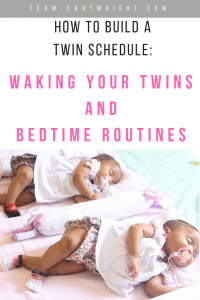 Want your twins to sleep consistently? Get them on a schedule. This is the second step, waking them up. Yep, learn why you need to wake your twins up to get them to sleep. #twinsleep #schedules #twinschedules #babywise #babywiseschedules #waketimes #twinwaketimes Team-Cartwright.com