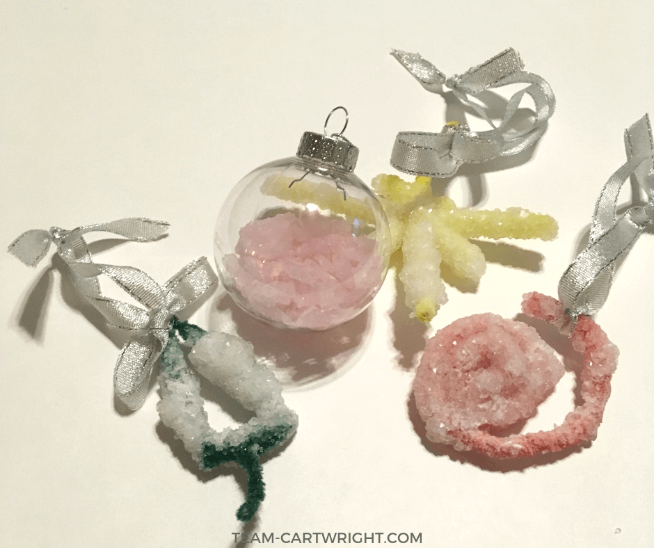 Homemade crystal ornaments. How to make crystal ornaments at home! Learn the science and create a fun Christmas tradition! #crystals #ornaments #christmas #tradition #learningactivity Team-Cartwright.com