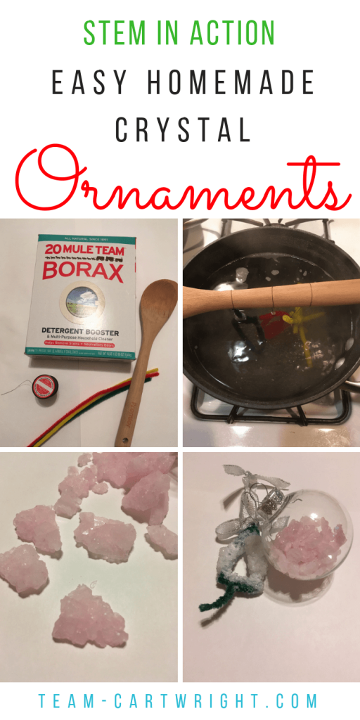 Homemade crystal ornaments: How to make easy and fun Christmas tree ornaments out of crystals! Create a family tradition out of an awesome learning activity. #learningactivity #crystals #christmasactivity #christmasscience #ornaments #homemadeornaments #familytradition #toddler #preschooler #kids Team-Cartwright.com