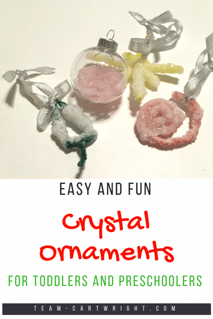 Homemade crystal Christmas ornaments: a fun and easy STEM activity. Learn about crystals and make beautiful ornaments for your Christmas tree. A perfect science learning activity for the holidays! #christmasscience #christmasSTEM #crystals #homemadeornament #familytradition #learningactivity #toddler #preschool #kids Team-Cartwright.com