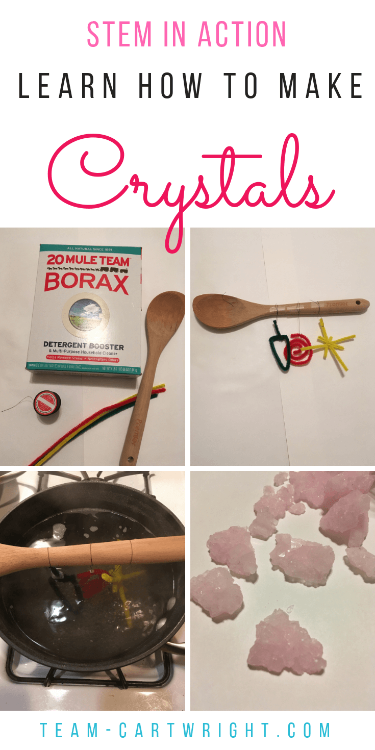 Learn how to make crystals! See how easy this is and get the science behind it. #crystals #STEM #science #kids #toddler #preschooler #learning #activity #sciencefair Team-Cartwright.com