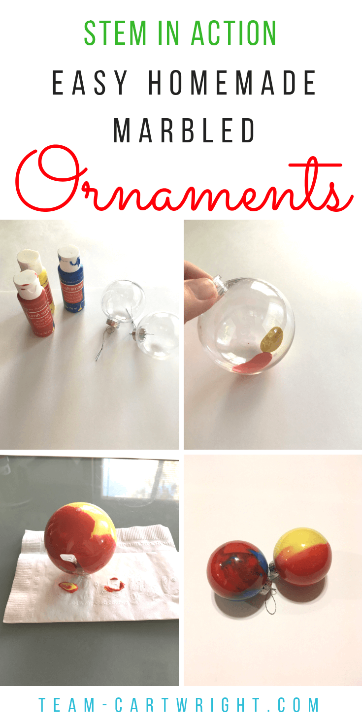 How to make easy and beautiful homemade ornaments with your kids! Fast and fun with a little science mixed in. Christmas Learning Fun! #christmascraft #christmasSTEM #christmasscience #christmaslearning #learningactivity #STEAM #colorscience #toddler #preschool Team-Cartwright.com