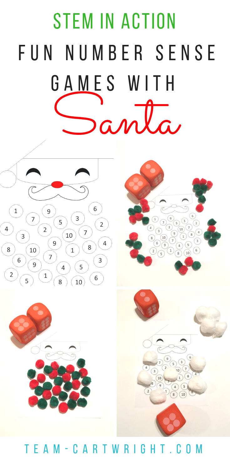 Santa math fun! Work on counting and number sense with your toddler and preschooler with this fun free printable! Easy math games and an easy Christmas art project, all in one! #learningactivity #christmascraft #christmasSTEM #santa #freeprintable #numbersense #counting #toddler #preschool Team-Cartwright.com