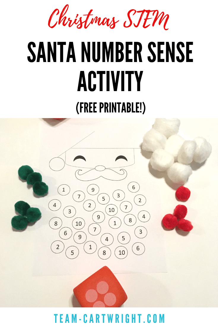 Christmas STEM! Work on number sense, counting, and math with this fun printable Santa game. Easy holiday STEAM! #christmaslearning #christmasSTEM #mathgame #freeprintable #learningactivity #preschool #toddler #numbersense #counting Team-Cartwright.com