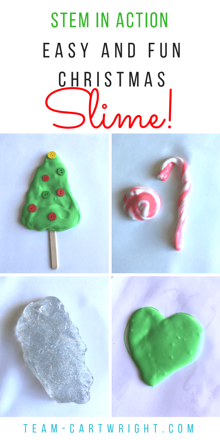 Christmas Slime for Kids! 7 easy holiday slime ideas to bring some sensory STEM fun to your Christmas time. Simple, safe, and fun! #Slime #ChristmasSlime #CandyCaneSlime #ChristmasTreeSlime #ElfSlime #IceSlime #SantaSlime #learningactivity #sensoryactivity #christmas Team-Cartwright.com