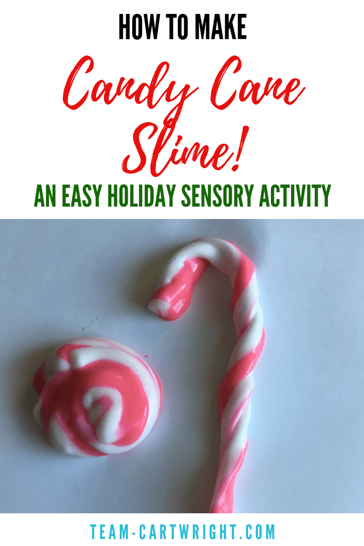 Candy Cane Slime! Learn how to make this fun Christmas Slime plus 6 more! The perfect sensory STEM activity for your kids this holiday. #CandyCaneSlime #ChristmasSlime #SensoryActivity #LearningActivity #toddler #preschool #kids Team-Cartwright.com