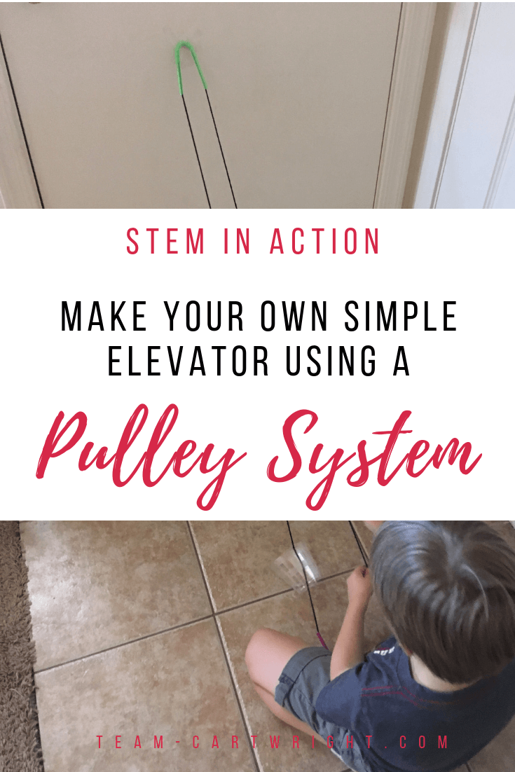 Make your own simple elevator using a pulley system! Learn about physics and simple machines while creating fun open-ended play opportunities! (It's easier than you think.) #FunicularTrain #Pulley #PulleySystem #Physics #SimpleMachines #Toddler #preschool #Homeschool #LearningActivity #STEMActivity #Science Team-Cartwright.com