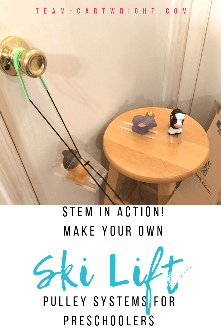 Make a DIY ski lift with your kids! It's easier than you might think. This simple STEM project uses pulleys to lift your skiers up the mountain. Learn about simple machines and have some winter fun! #FunicularTrain #SkiLift #STEM #LearningActivity #Physics #Toddler #Preschool #kids #homeschool #Pulleys #PulleySystems Team-Cartwright.com