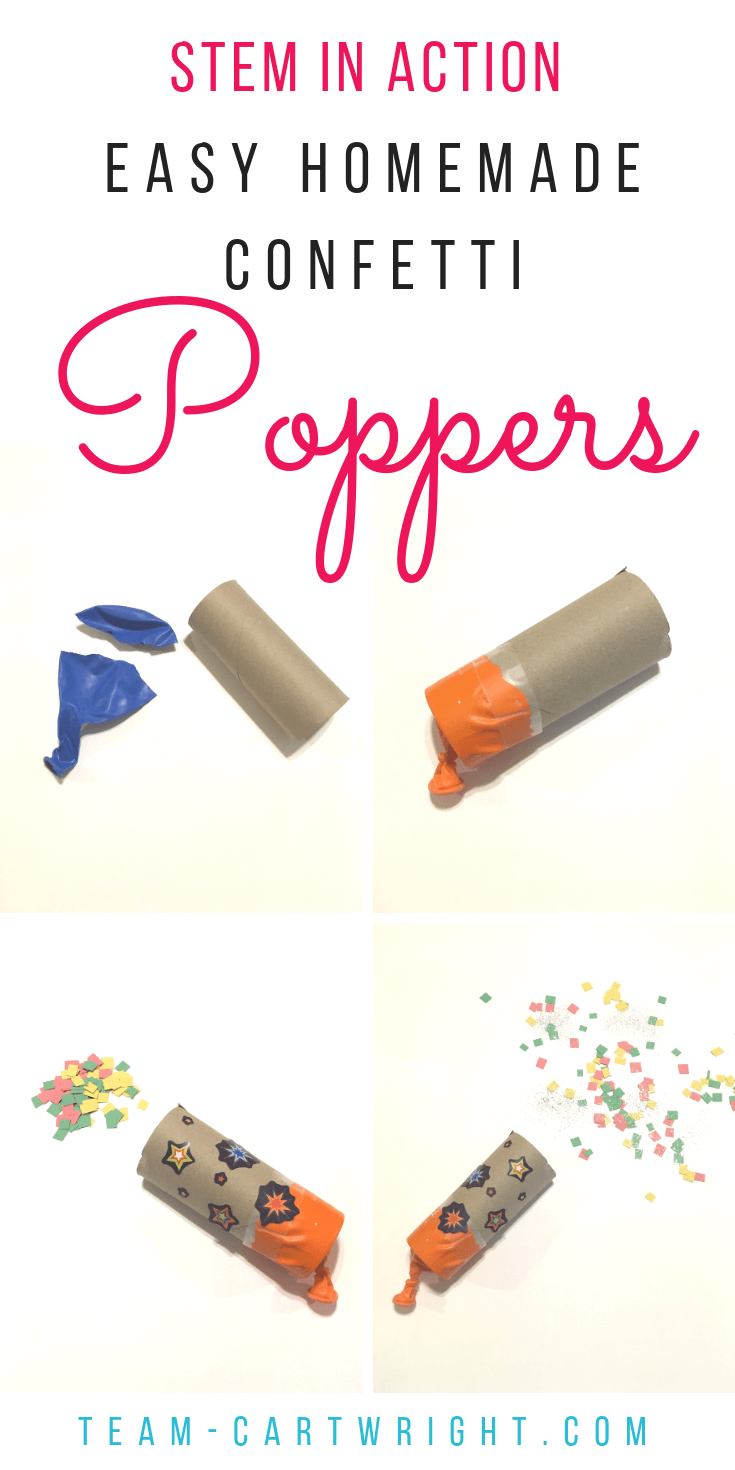 How to make DIY Confetti Poppers! Make this easy science craft with your kids. Learn, create, and have fun! #ArtProject #NewYears #GenderReveal #STEM #ScienceActivity #LearningActivity #ToddlerLearning #BirthdayParty #PartyFavor #PreschoolLearning Team-Cartwright.com