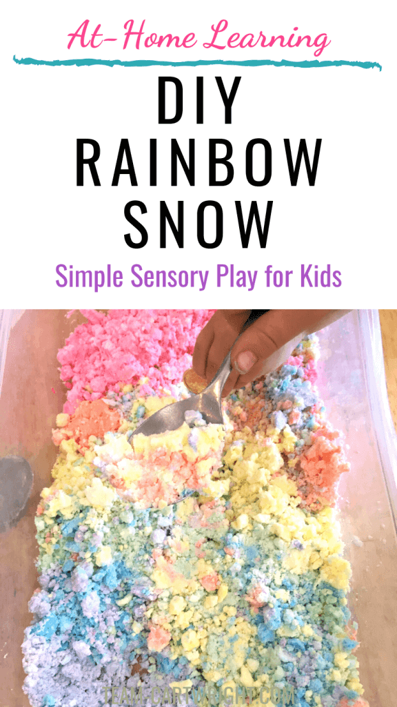 DIY rainbow snow simple sensory play for kids with picture of a bin of rainbow snow