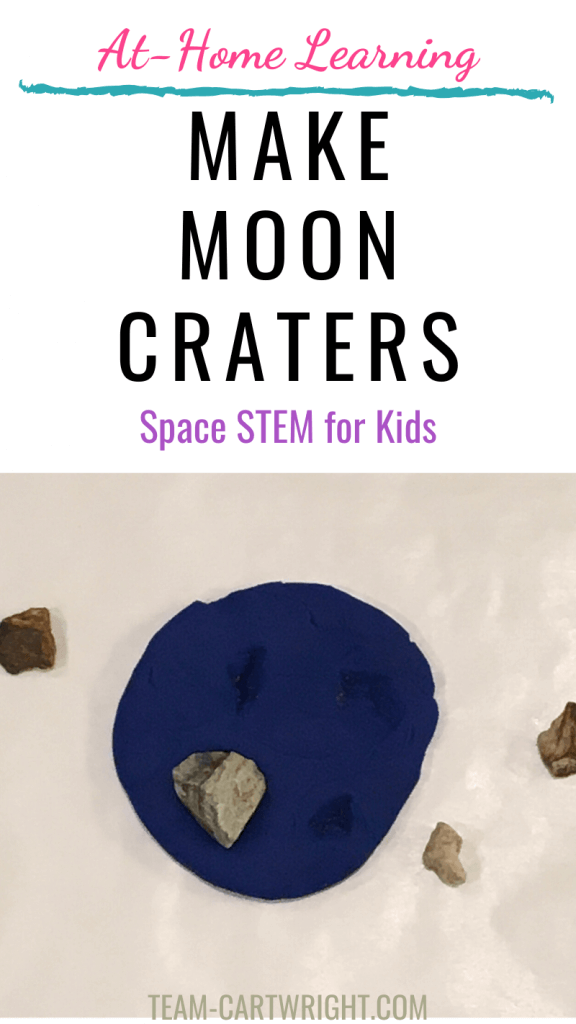 Make Moon Craters! Space STEM for kids with picture of blue clay moon and rocks making craters