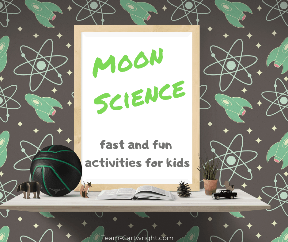 Moon activities for preschoolers! Get fast and fun learning activities that help your kids explore the moon and outer space. Easy and fun for space STEM! #SpaceSTEM #SpaceScience #MoonActivities #PreschoolScience #PreschoolSTEM #STEM #Science #AstronomyForKids #MoonOrbit #MoonPhases Team-Cartwright.com