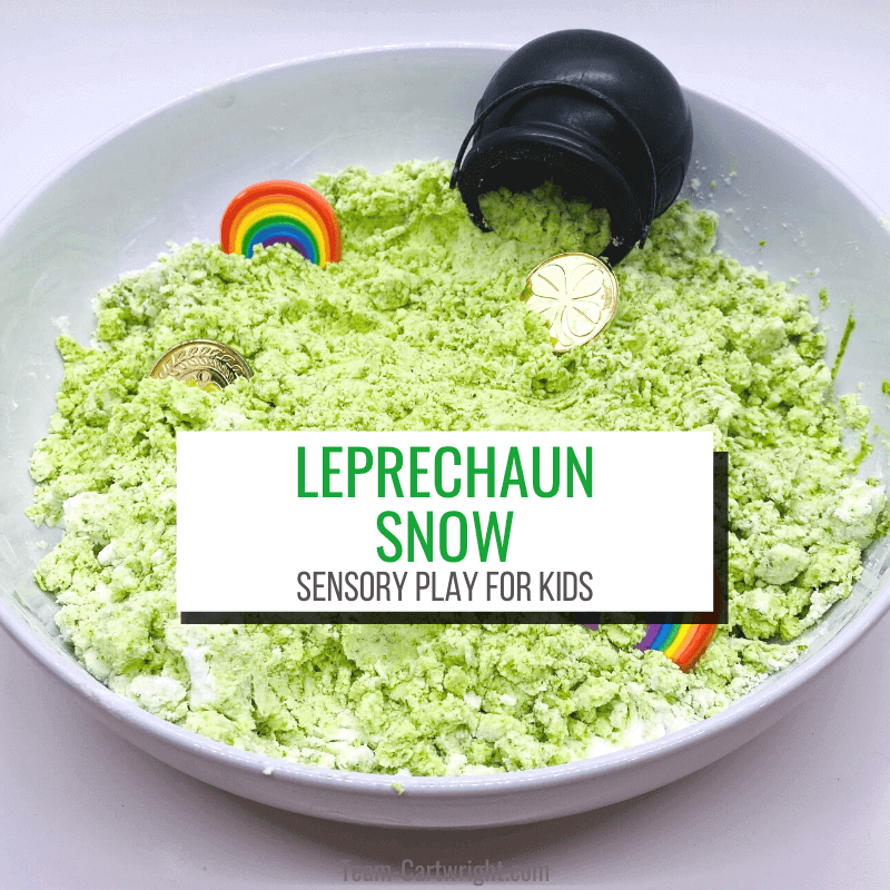 Text: Leprechaun Snow Sensory Play for Kids picture: sensory bin with green leprechaun snow, rainbows, gold coins, and pot of gold