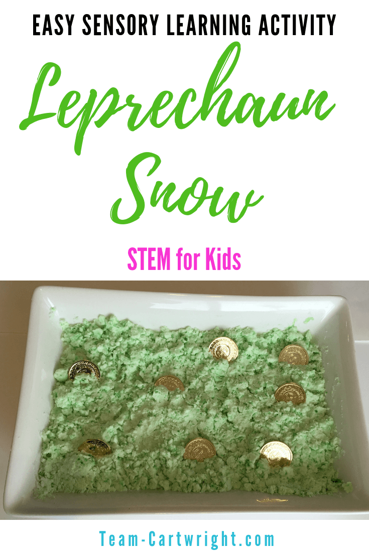 Simple St Patrick's Day Sensory STEM for kids! Make Leprechaun snow and enjoy simple science and sensory exploration. Easy, fun, and safe. #SensorySTEM #LeprechaunActivities #StPatricksDayLearningActivities #StPatricksDayScience Team-Cartwright.com