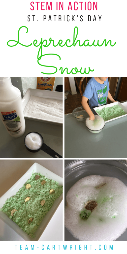 Leprechaun Snow: A St. Patrick's Day Learning Activity. Make this simple and fun sensory STEM activity with your kids! Hunt for gold coins and melt the snow with a magic potion. St. Patrick's Day fun with some science behind it. #SensorySTEM #StPatricksDayLearning #LeprechaunLearningActivity #LeprechaunActivity #Leprechaun #LeprechaunSnow Team-Cartwright.com