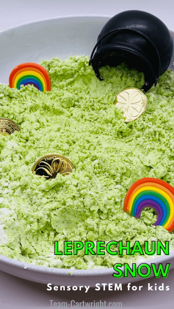 Text: Leprechaun Snow Sensory STEM for Kids Picture: round sensory bin with green sensory snow, gold coins, rainbows, and pot of gold