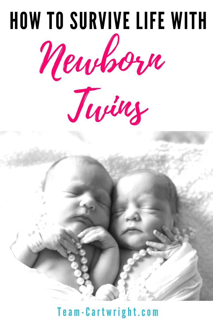 How to survive life with newborn twins. Get simple tips and advice on twin life. Learn what to expect once you are at home from the hospital. What essentials do you need? Can you breastfeed? Will you ever sleep again? Real life advice from a real twim mom. #TwinTips #NewbornTwins #TwinLife Team-Cartwright.com