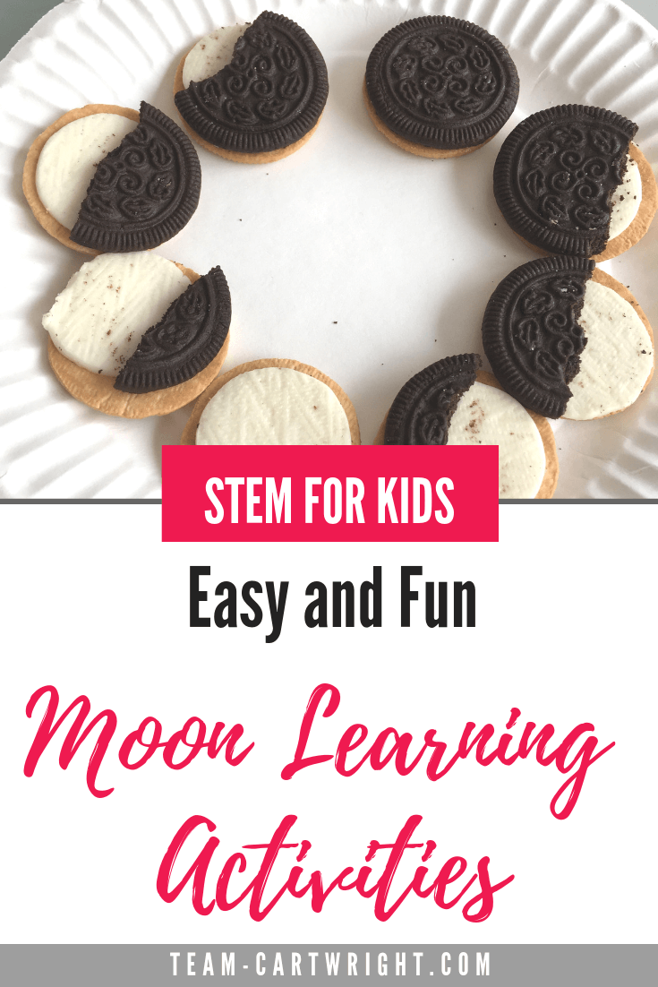 Fast and fun learning activities all about the moon! Learn why we see the phases of the moon, what they are, how the moon orbits, and make your own moon craters! Great STEM activities to get your preschooler interested in astronomy. Explore the solar system! #SpaceSTEM #SpaceScience #FreePrintable #MoonPhases #MoonActivities #MoonScience #PreschoolScience #MoonExperiments Team-Cartwright.com