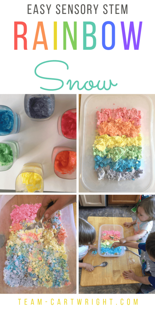 Sensory STEM in Action! Learn how to make 2 ingredient rainbow snow. Picture of colored sensory bin.