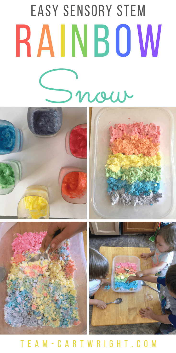 Sensory STEM in Action! Learn how to make 2 ingredient rainbow snow. Picture of colored sensory bin. 