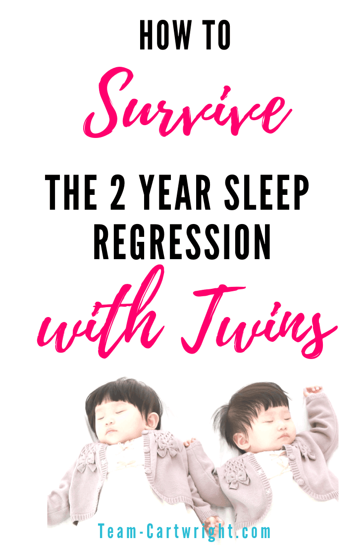 How to survive the 2 year sleep regression with twins. Your toddler twins suddenly refusing to sleep? It's normal, but frustrating. Here are the reasons why this happens, how having twins changes things, and ways to get through it. Pin this for when your twins are toddlers! #ToddlerTwins #SleepRegression #TwinSleep #2YearSleepRegression #TwinNaps #TwinSleepRegression #babywise #BabywiseTwins Team-Cartwright.com