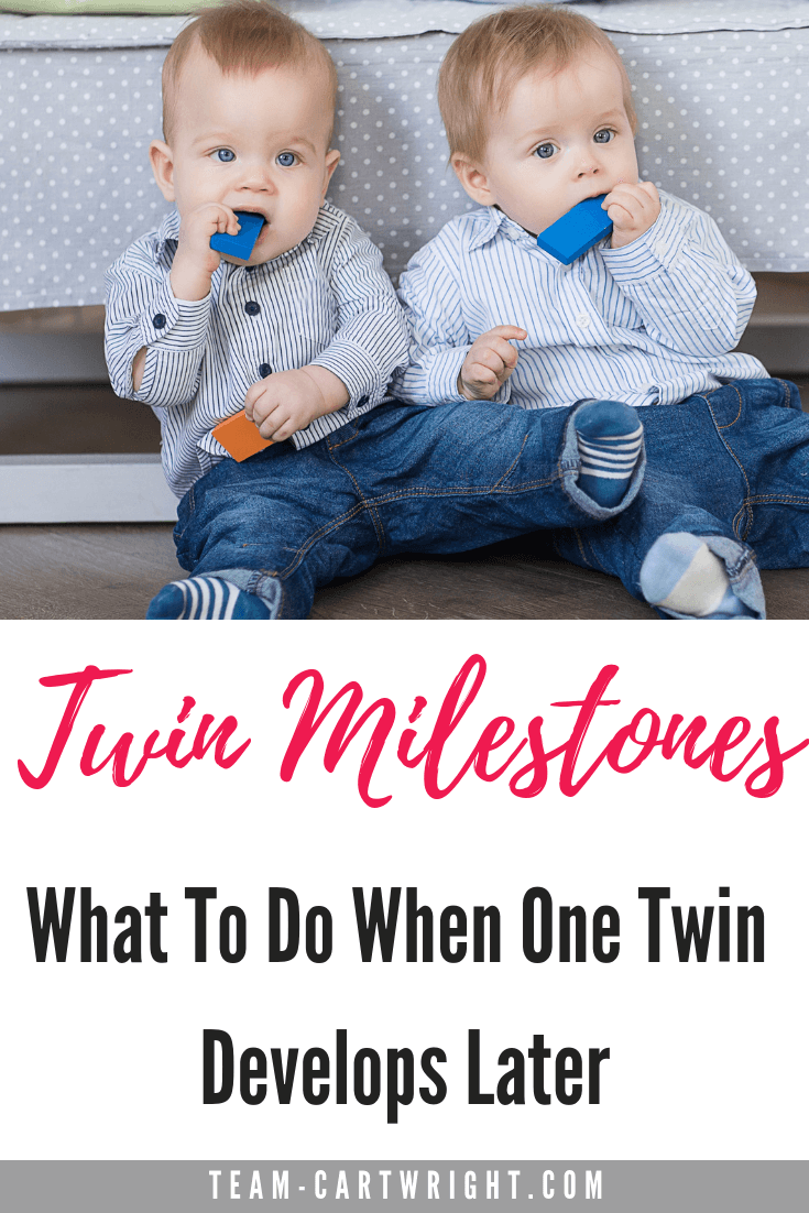 Should twins hit developmental milestones at the same time? No. In fact they probably won't. Here is why twins reach milestones differently and how to handle it without freaking out. #TwinMilestones #TwinDevelopment #ToddlerTwins #TwinTips #TwinMom Team-Cartwright.com