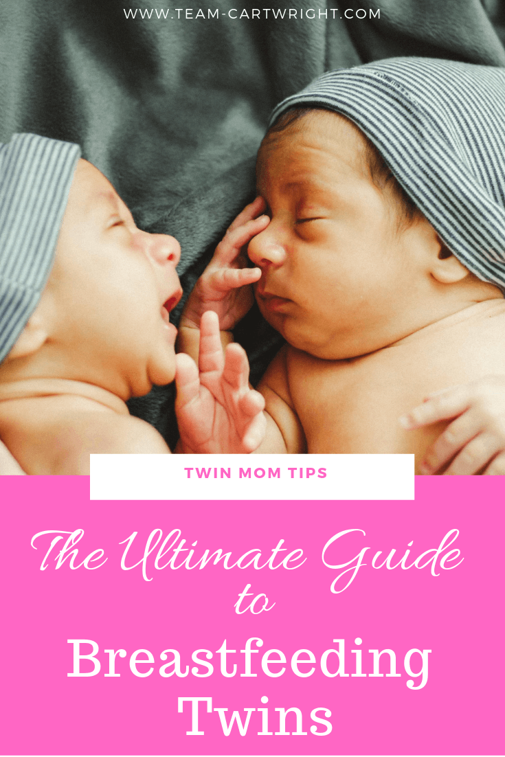 The Ultimate Resource Guide to Breastfeeding Twins.  This is a must read for twin moms and those pregnant with twins.  Learn about how to keep up milk supply, the best nursing positions, how to tandem feed, the best breastfeeding supplies and nursing pillows.  Even learn how to breastfeed twins all alone (or with a toddler around!)  #BreastfeedingTwins #NursingTwins #MilkSupply #NursingPillow #TandemFeeding Team-Cartwright.com