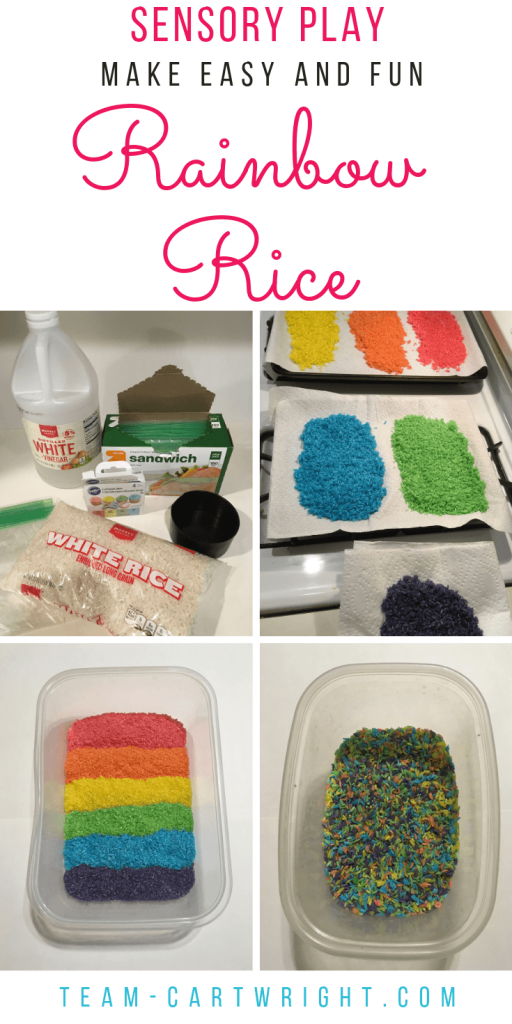 How to dye rainbow rice at home! Make an easy and fun sensory bin for your kids. #SensoryPlay #SensoryBin #RainbowActivity #RainbowLearning #RiceBin #ColoredRice #LearningActivity #Preschool Team-Cartwright.com