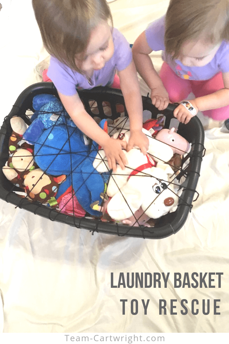 Laundry Basket Toy Rescue! This fun and easy toddler learning activity works gross motor skills, fine motor skills, patience, problem solving, and more. And get more indoor activities for toddlers and preschoolers that parents love! #ToddlerLearningActivities #ToddlerGames #ToddlerLearning #PreschoolLearning #LaundryBasket #DIYToys Team-Cartwright.com