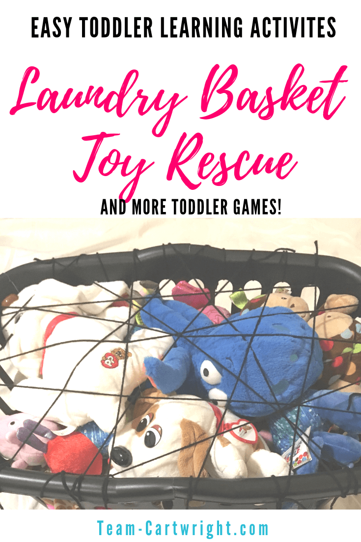 Rescue the toys from the laundry basket with this fun and easy toddler learning game! Get simple indoor activities to work gross motor skills, fine motor skills, numbers, letters, shapes, colors and more! #ToddlerLearning #PreschoolLearning #LearningGames #LearningActivities Team-Cartwright.com