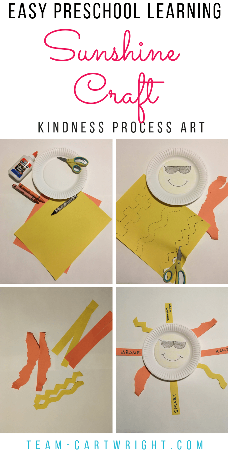 Need a sun art project for a rainy day? Try this easy process art for toddlers and preschoolers! Work on fine motor skills, creativity, and more. Plus build up kindness values and self-esteem! Save this simple learning activity to do with your child! #SunshineCraft #ProcessArt #Kindness #PreschoolLearning #ToddlerArt Team-Cartwright.com